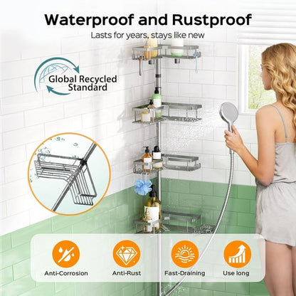 HAMITOR Shower Caddy | 4-Tier Rustproof Bathroom Organizer - Adjustable No-Drill Shelf for Renters - 47-123 Inch Silver Gray