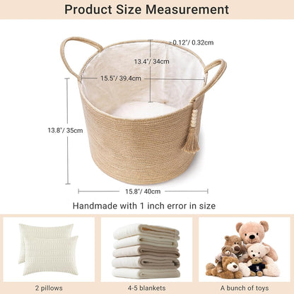 Mkono Woven Storage Basket - Decorative Natural Rope Organizer Bin with Wooden Bead Accents | 16" W × 13.8" L