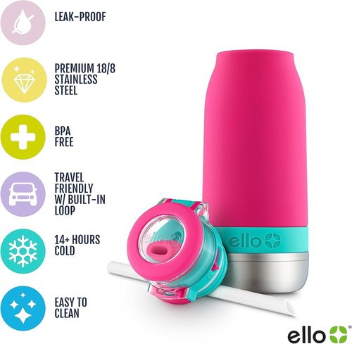 Ello Emma 14oz Vacuum Insulated Kids Water Bottle - Straw, Leak-Proof Lid & Carrying Handle