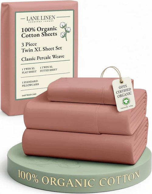 LANE LINEN Twin XL Organic Cotton Sheets Set - Ultra Soft 3-Piece Percale Bedding, Fits Mattresses Up to 15" Deep | Rose Dawn