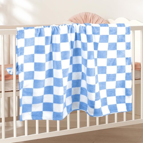 GreatBba Plush Checkered Baby Blanket for Boys Girls Nursery, 30"*40" Warm Short Fleece Blanket Neutral for Infant Newborn, Small Fuzzy for Sleeping, Chenille Baby for Stroller (Blue&White)