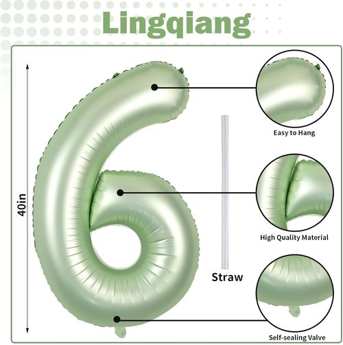 **Regine Switzerland Sage Green Number 6 Balloons - 40-Inch Olive Green Foil Helium Balloons for Birthday Celebrations**