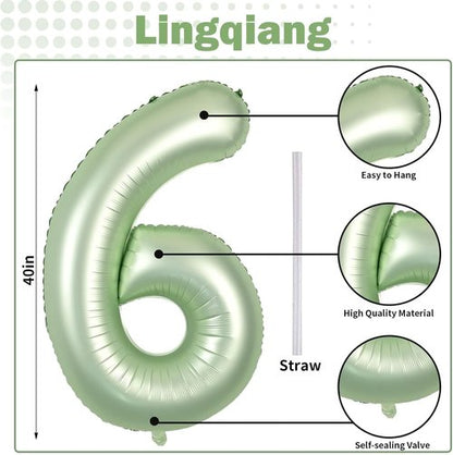 **Regine Switzerland Sage Green Number 6 Balloons - 40-Inch Olive Green Foil Helium Balloons for Birthday Celebrations**