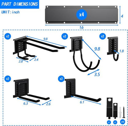 CBWLWJ Garage Tool Organizer - Heavy Duty 680 lbs Capacity Wall Mount Rack with 10 Adjustable Hooks | Black