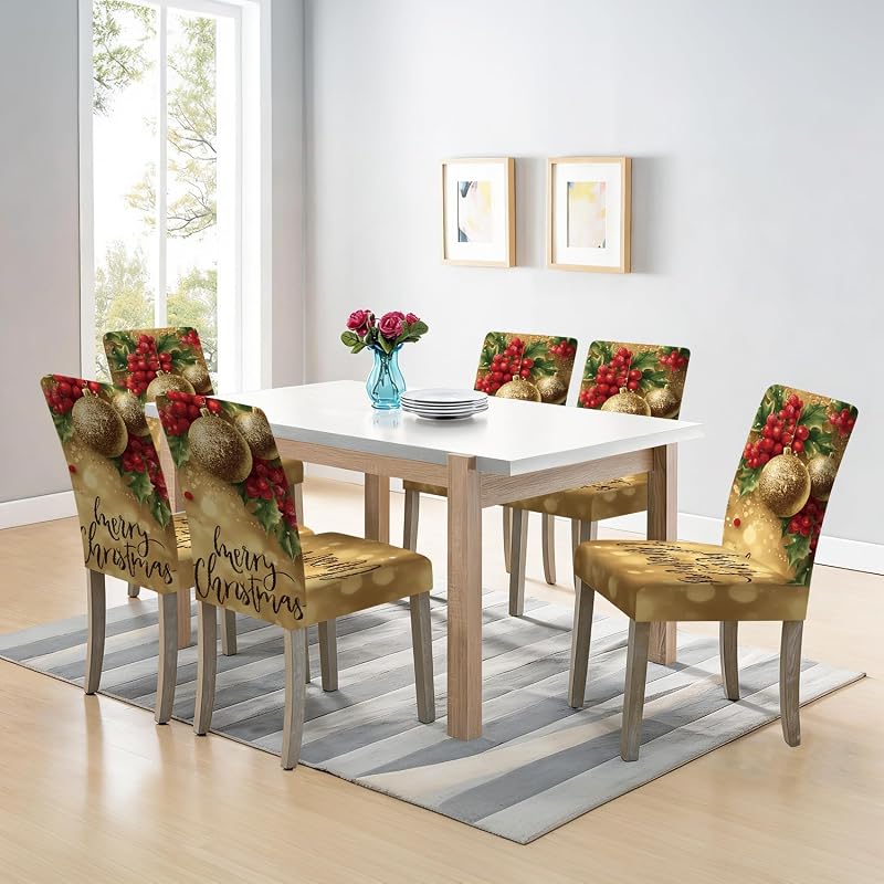 Chair Covers Set of 6 - Stretchable Dining Room Slipcovers with Elastic Band, Washable, Gold Merry Christmas (Variation: Gold - Merry Christmas+6)