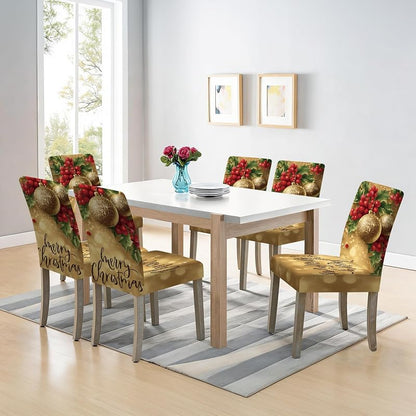 Chair Covers Set of 6 - Stretchable Dining Room Slipcovers with Elastic Band, Washable, Gold Merry Christmas (Variation: Gold - Merry Christmas+6)