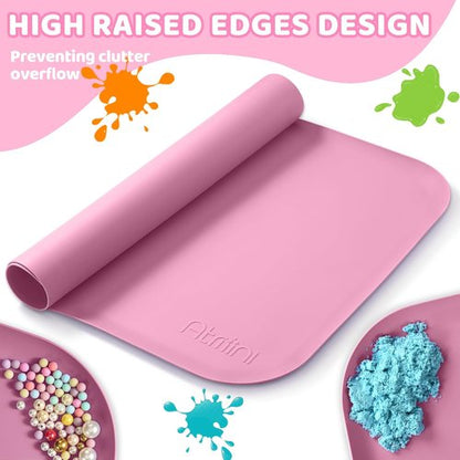 AtMini Silicone Craft Mat for Kids - 24"x16" Non-Slip & Raised Lip | Reusable Art Mat for Painting, DIY Crafts (Pink)