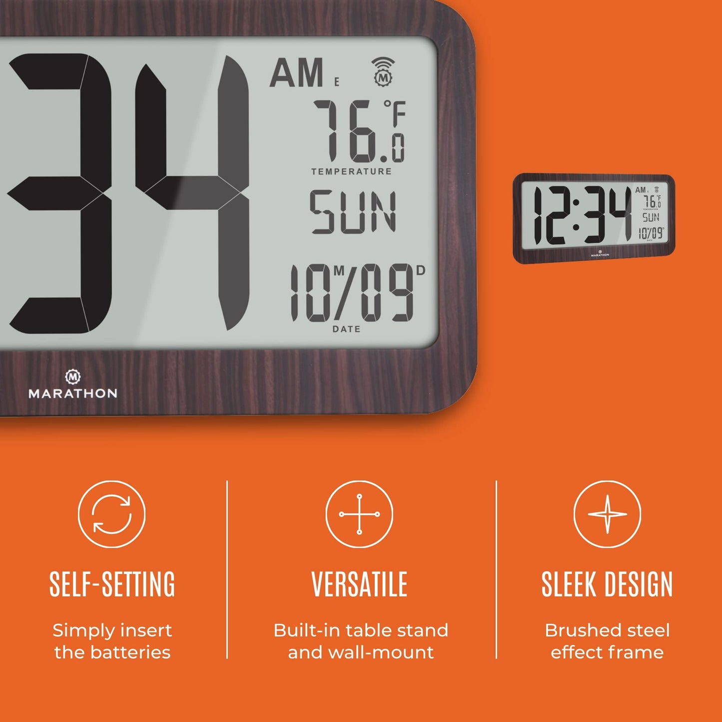 MARATHON Slim Jumbo Panoramic Atomic Wall Clock with Date & Temperature, Wood Grain - Large 17-Inch Display - AM/PM or 24-Hour Time Format, Eight Time Zones - Four AA Batteries Included