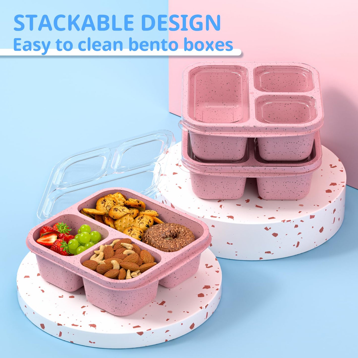 Enstphjoy Snack Boxes (3 Pack) - Stackable Bento Boxes with 3 Compartments, Meal Prep Containers Reusable, Lightweight Lunch Containers for Kids and Adults, BPA Free (Pink)