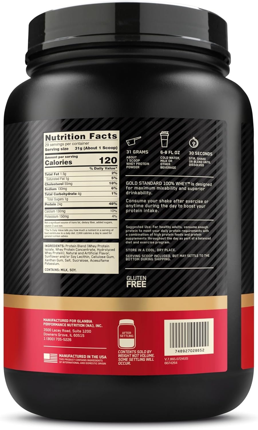 Optimum Nutrition Gold Standard Whey Protein Powder - Vanilla Ice Cream Flavor | 2 Pound Size