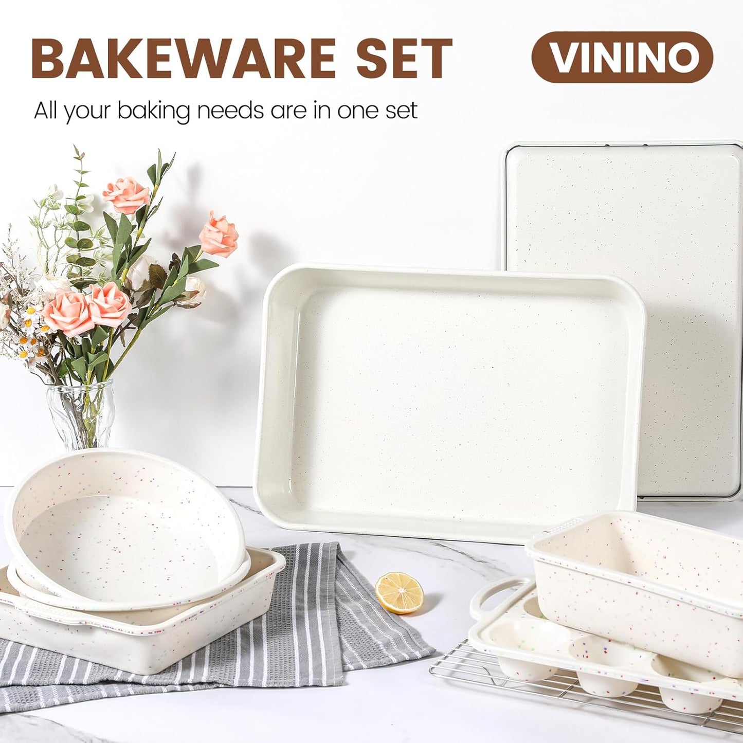 Vinino 8-Piece Nonstick Baking Pans Set - Includes Muffin, Loaf, Cake Pans & Roasting Pan | Oven Safe