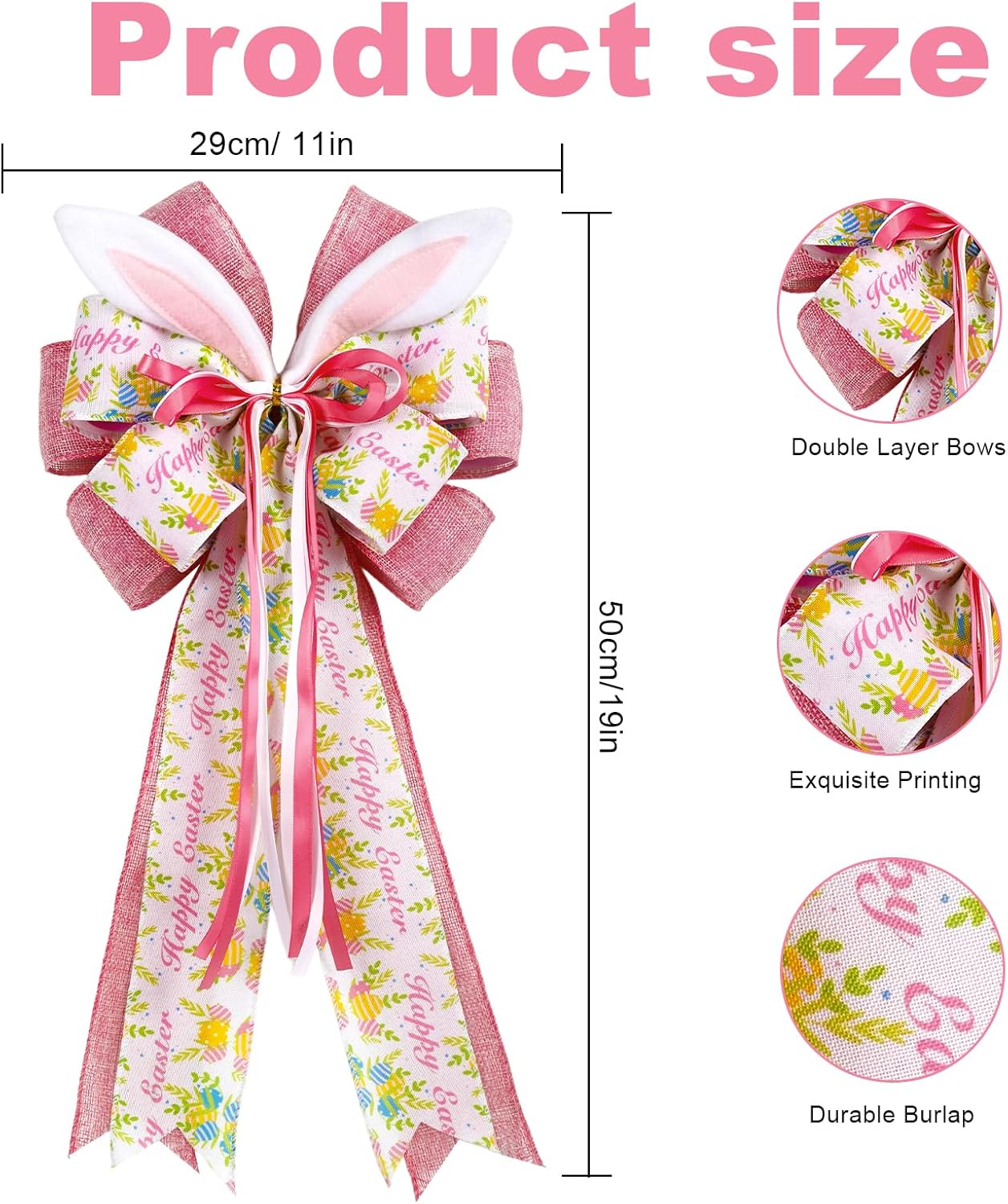 Skiennix Easter Bunny Ear Bows - Large 11"x20" Pink Burlap Decorative Bow for Spring Holiday Decor