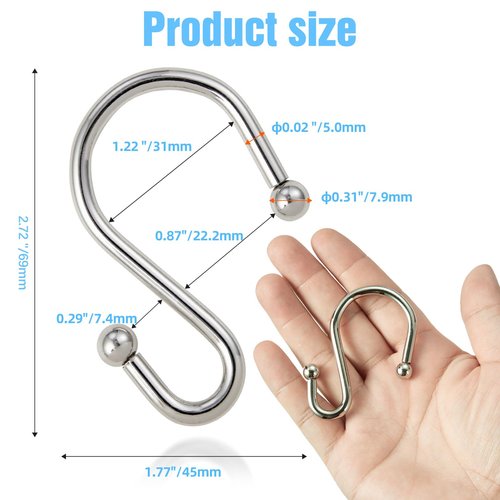 BellRhein Shower Curtain Hooks, Metal Shower Hooks for Shower Curtain Rod, Rust Proof Metal Shower Curtain Rings, S Hook Set of 12, Nickel.