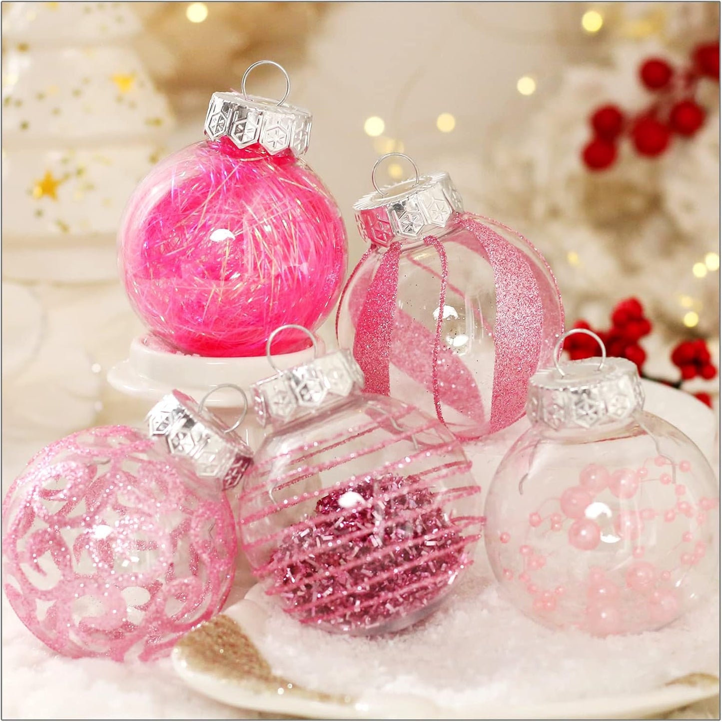 Skiennix Christmas Ornaments Set - 30pcs Clear Shatterproof Pink Baubles for Holiday Tree Decor