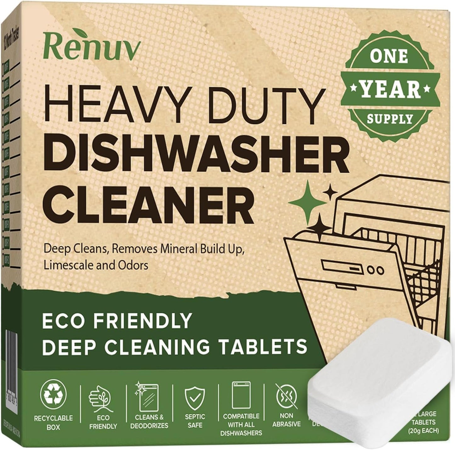 Renuv® Dishwasher Cleaner Tablets - Heavy Duty Deodorizer & Descaler for Hard Water Marks | 12 Tabs
