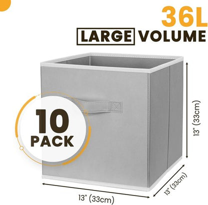 Criusia Large Storage Cubes - Set of 10 Collapsible Fabric Bins with Dual Handles | Grey 13x13 Baskets