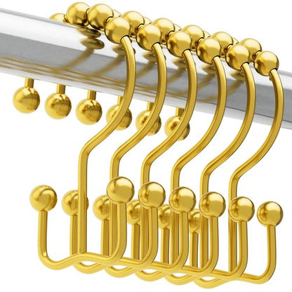 Titanker Shower Curtain Hooks Rings Gold, Metal Double Glide Shower Hooks Rings for Bathroom Shower Rods Curtains, Set of 12 Hooks - Dark Gold