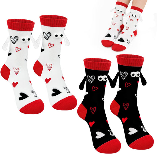 Skiennix Funny Valentine's Day Magnetic Socks - 2 Pairs of Heart Hand Holding Design for Couples & Friends