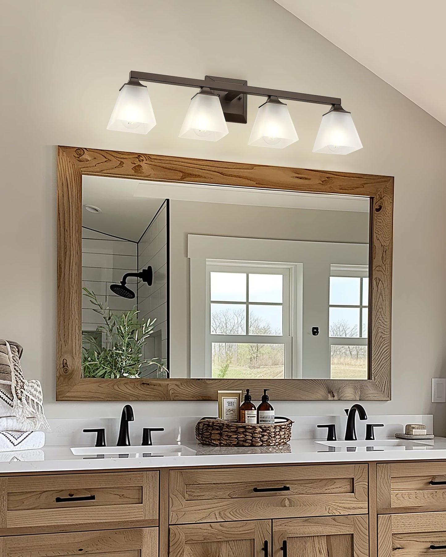 Bathroom Lighting Fixtures, HWH 4-Light Farmhouse Bathroom Vanity Light Over Mirror, Vanity Wall Sconce Oil-Rubbed Bronze Finish with Frosted White Square Glass, 5HY68BG1-4W ORB