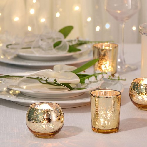 DEVI 48PCS Gold Votive Candle Holders - Elegant Mercury Glass for Weddings & Parties | Perfect for Tea Lights & Centerpieces