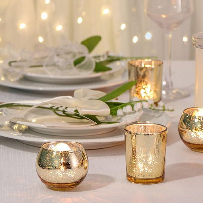 DEVI 48PCS Gold Votive Candle Holders - Elegant Mercury Glass for Weddings & Parties | Perfect for Tea Lights & Centerpieces