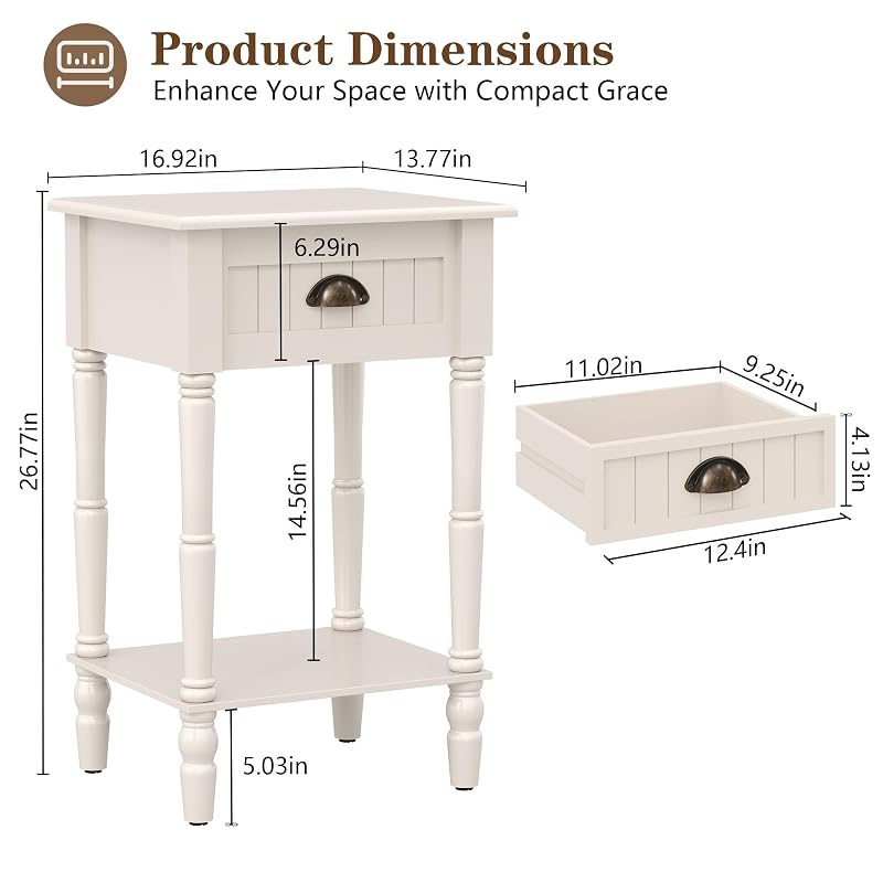 Vintage Nightstand Set of 2 with Solid Wood Legs - 10-Minute Assembly, Off-White (Variation: White+2)