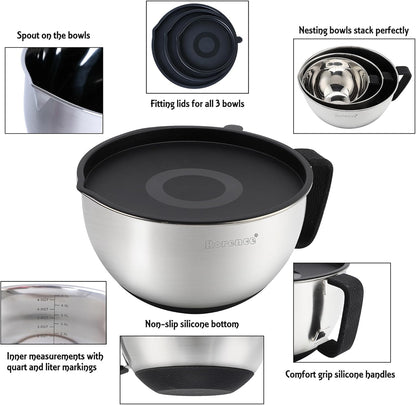 Rorence Stainless Steel Mixing Bowls - Non-Slip Design With Pour Spout, Handle & Lid | Set of 3, Black