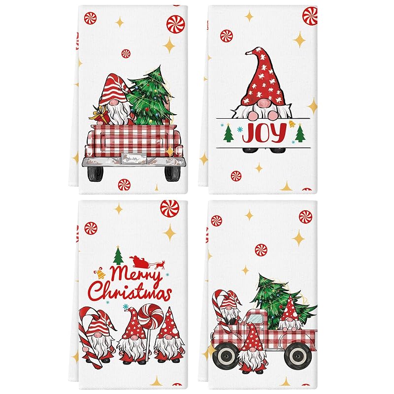 Christmas Kitchen Towels Gnomes Truck and Tree - 18x26 In - Red, 2 Pack Variation