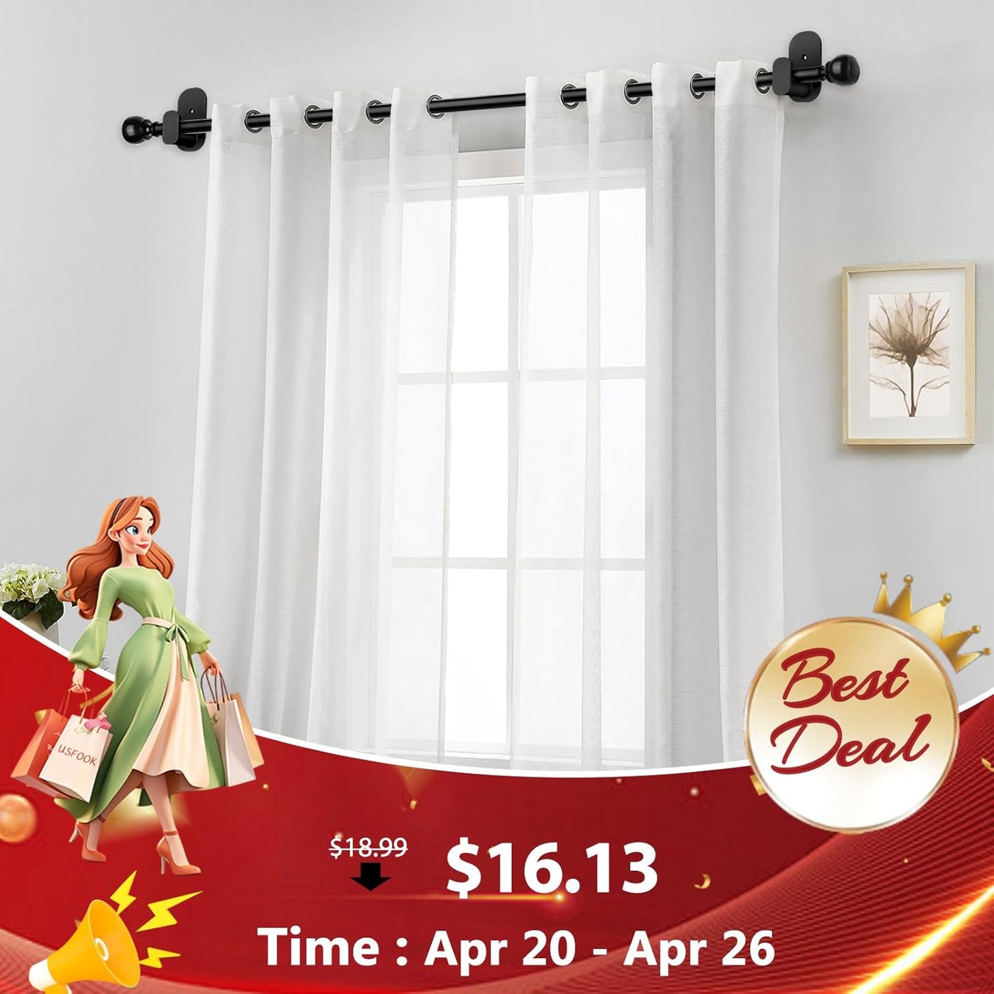 USFOOK No Drill Curtain Rods - 48 to 84 Inches | 5/8 Inch Adhesive Drapery Rods with Round Finials