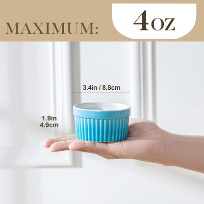MALACASA Ramekins - 4 Oz Oven Safe Ceramic Souffle Dishes for Baking | Set of 6 Blue Custard Cups