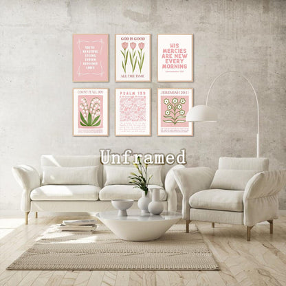 Regine Switzerland 6Pcs Pink Bible Verse Wall Art - Floral Scripture Quotes for Bedroom | 8x10 Inch Unframed