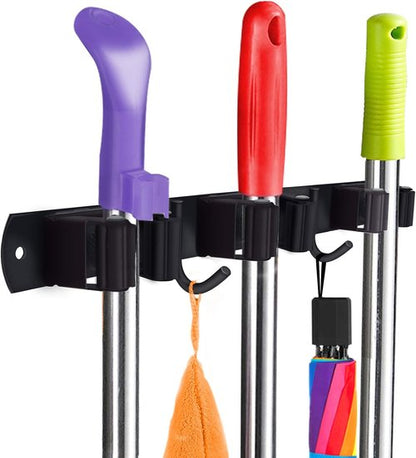 Huryfox Heavy-Duty Stainless Steel Broom Holder - Adjustable Wall Mount for 1-4 cm Diameter, Black | 3 Racks & 2 Hooks