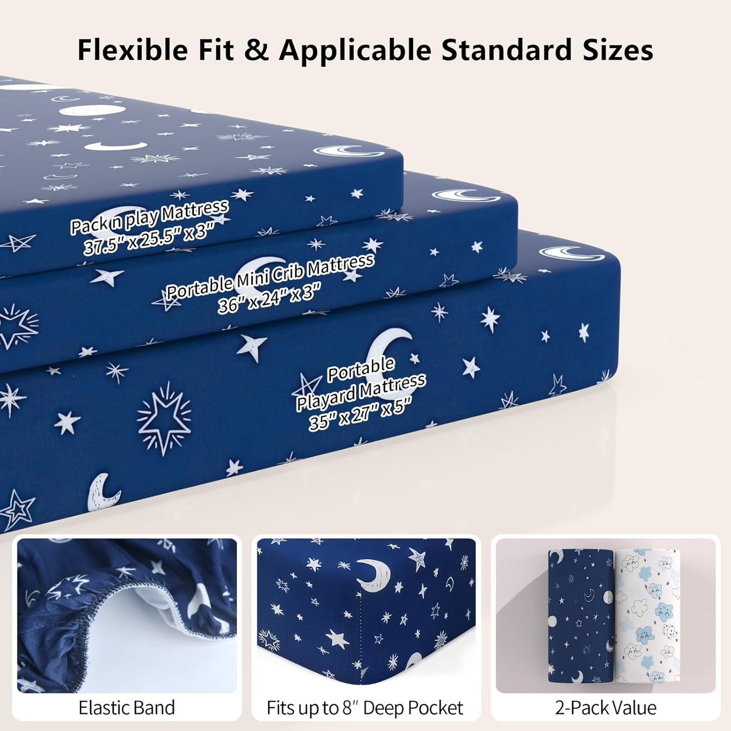Pack N Play Sheets by [Brand Name] - Fitted 2-Pack for Standard Mattresses | Soft Breathable Unisex Design (Starry Sky & Clouds)
