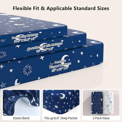 Pack N Play Sheets by [Brand Name] - Fitted 2-Pack for Standard Mattresses | Soft Breathable Unisex Design (Starry Sky & Clouds)