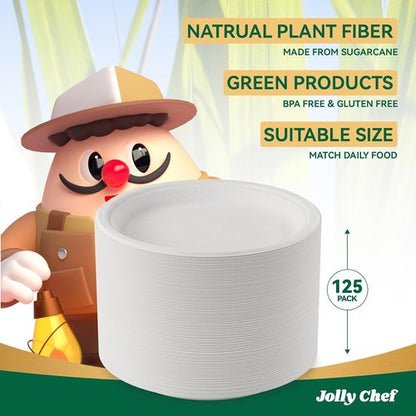 JOLLY CHEF Compostable Heavy Duty Plates - Eco-Friendly 10-Inch White Paper Plates | 125-Pack Made from Biodegradable Sugarcane Fibers