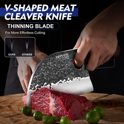 Topfeel 3PCS Butcher Knife Set, Hand Forged Serbian Chef Knives & Meat Cleaver & Viking Knives, Meat Cutting Kitchen Knife Set for Home, Outdoor Cooking, Camping BBQ Gift Idea Men