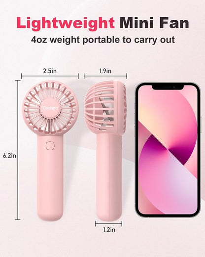 Coohea Mini Handheld Fan - USB Rechargeable, 3 Speed Portable Design for Travel & Makeup - Pink
