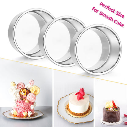 E-far 4 Inch Small Cake Pan Set of 4, Stainless Steel Mini Round Smash Cake Baking Pans, Non-Toxic & Healthy, Mirror Finish & Dishwasher Safe