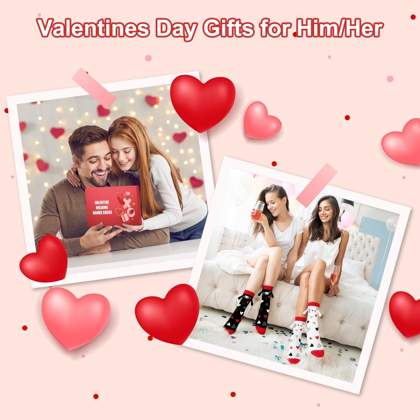 Skiennix Funny Valentine's Day Magnetic Socks - 2 Pairs of Heart Hand Holding Design for Couples & Friends