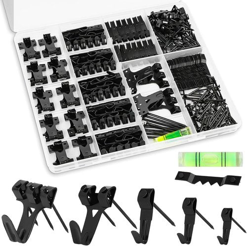 KURUI Picture Hanging Kit - 385Pcs Heavy Duty Hooks, Sawtooth & Nails for Frames | Black
