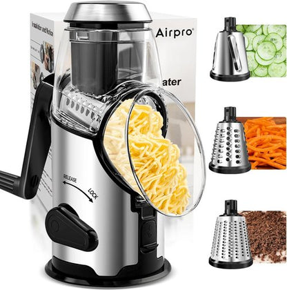 Airpro Rotary Cheese Grater - Versatile Vegetable Shredder with 3 Stainless Steel Blades & Suction Base