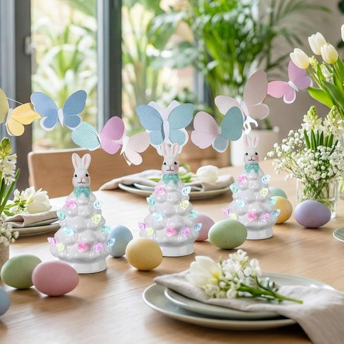 Leinuosen Mini 4-Inch Easter Bunny Ceramic Tabletop Tree - LED Lights & Hand-Painted Ornaments