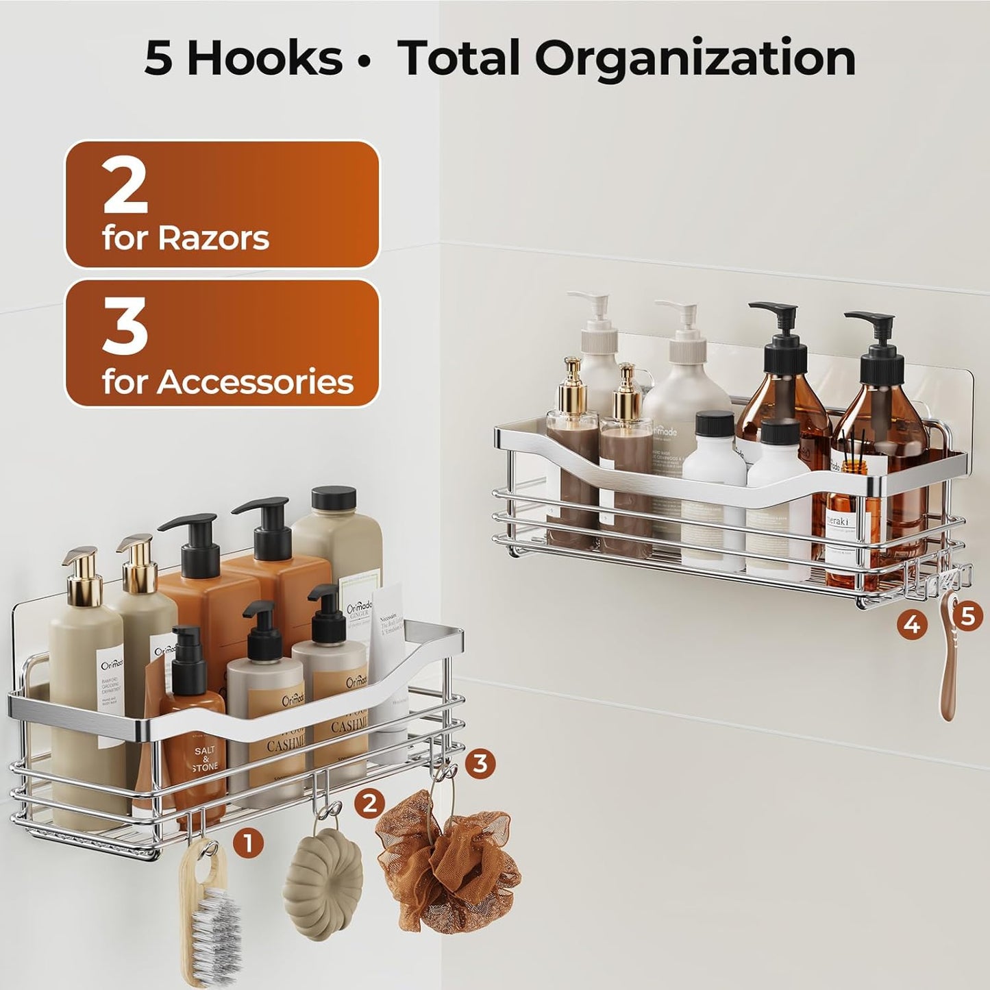 Orimade Shower Caddy | Wall-Mounted Storage Rack - Rust-Resistant Stainless Steel, Pack of 2 with 5 Hooks