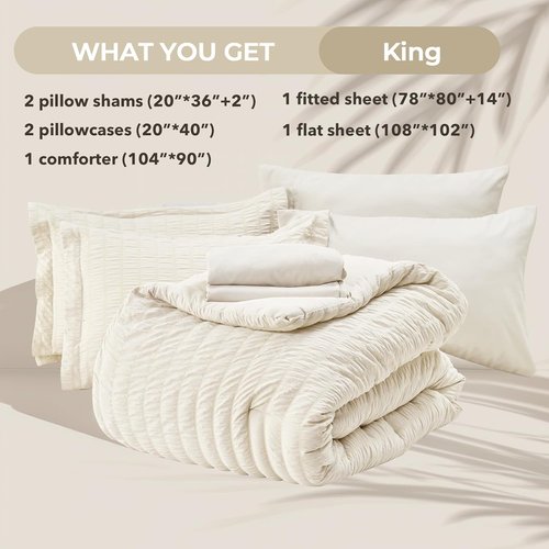 HYMOKEGE King Size Comforter Set - Luxury 7-Piece Ivory Seersucker Bedding for All Seasons | Includes Comforters, Sheets & Pillowcases