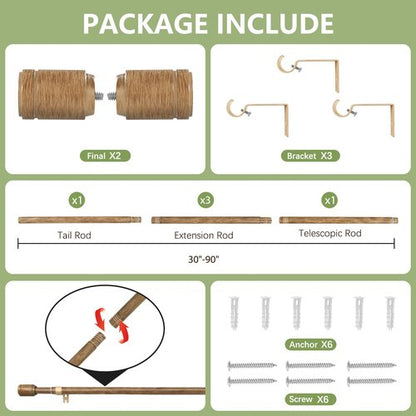 5/8” Diameter Curtain Rods 30-90 Inch, for 30-84 Inch Windows, Adjustable Splicing Wood Grain Curtain Rods for Windows with Brackets, Window Rod Long Small Curtains Rod, 1 Pack