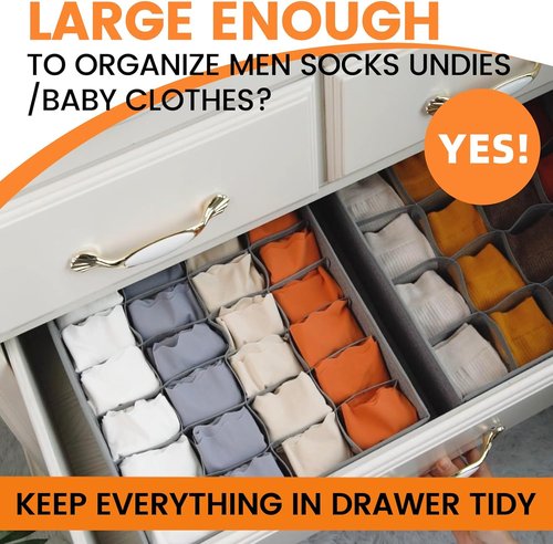 Criusia Sock Organizer - 3 Pack Fabric Drawer Dividers with 64 Cells for Socks, Underwear & Ties | Gray