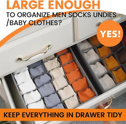 Criusia Sock Organizer - 3 Pack Fabric Drawer Dividers with 64 Cells for Socks, Underwear & Ties | Gray