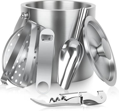 3L Ice Buckets for Parties 6PC Set, Stainless Steel Double-Wall Insulated Ice Bucket with Lid, Scoop, Tongs, Beer & Wine Opener – Ideal for Cocktail Bar, Outdoor Events & Keeps Ice Frozen Longer