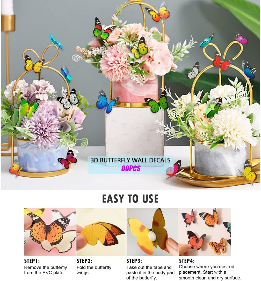 Skiennix 80pcs Butterfly Wall Decor - Waterproof & Removable Plastic Mural Stickers for Home & Party