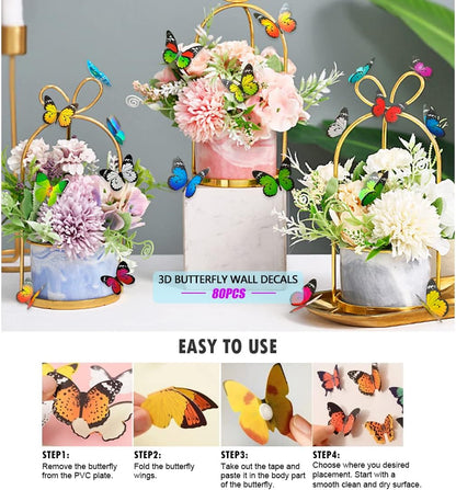 Skiennix 80pcs Butterfly Wall Decor - Waterproof & Removable Plastic Mural Stickers for Home & Party